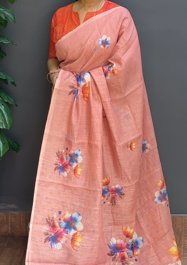 1718SR04 | Pastel Peach Soft Semi Linen Saree W/ Full Body Multicolor Floral Design W/ Pallu