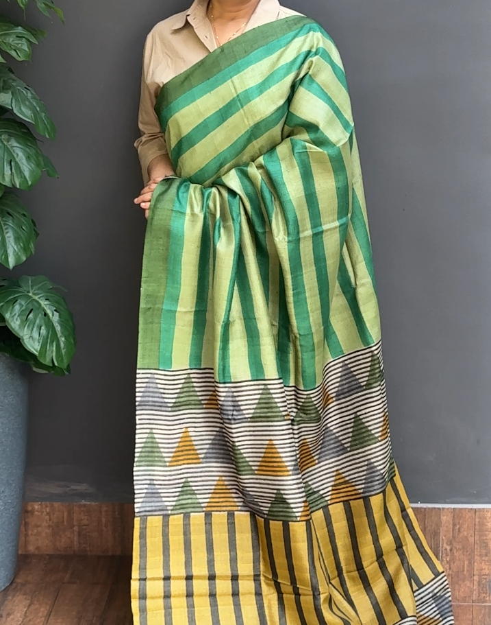 1743SR04 | Multicolor Soft Pure Desi Tussar Silk Saree W/ Full Body Horizontal Stripe Design W/ Border & Pallu