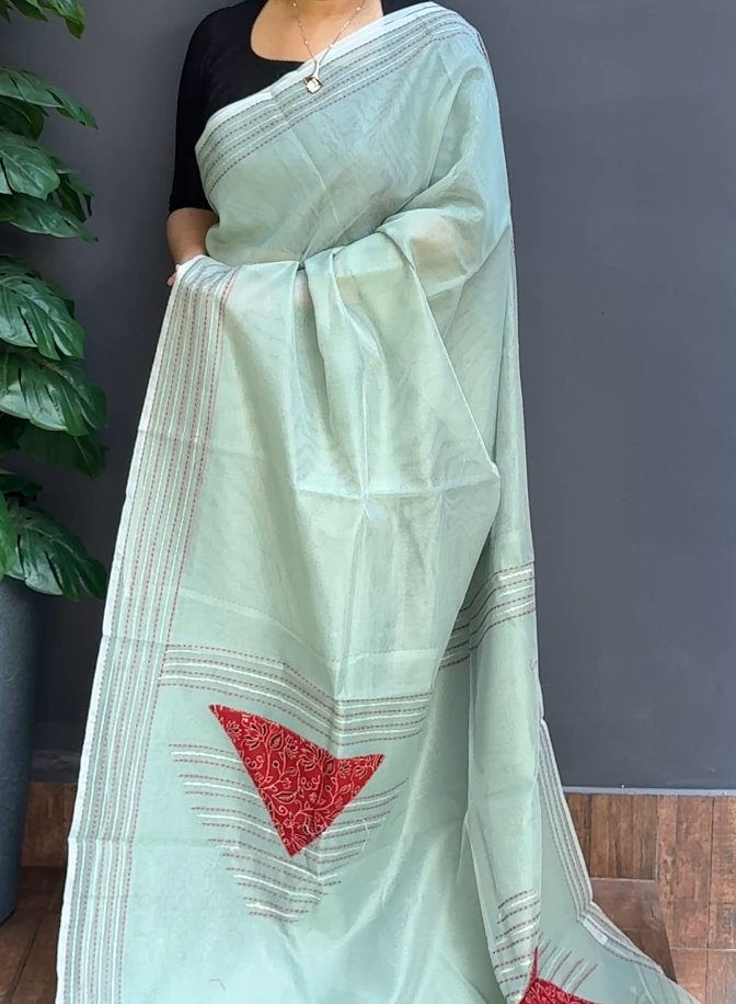 1726SR04 | Aqua Green Supernet Cotta Saree W/ Kantha Work Border & Applique Work Pallu