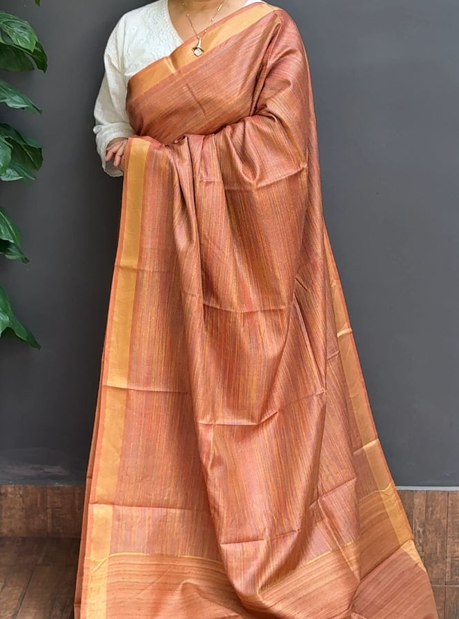 1749SR05 | Copper Shade Pure Tussar Jute Silk Saree W/ Full Body Multicolor Jute Thread Woven Pattern W/ Border & Pallu