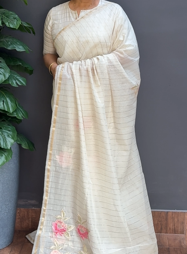 1762SR05 | Pearl Cream Chanderi Organza Saree W/ Full Body Floral Applique Work W/Border & Pallu