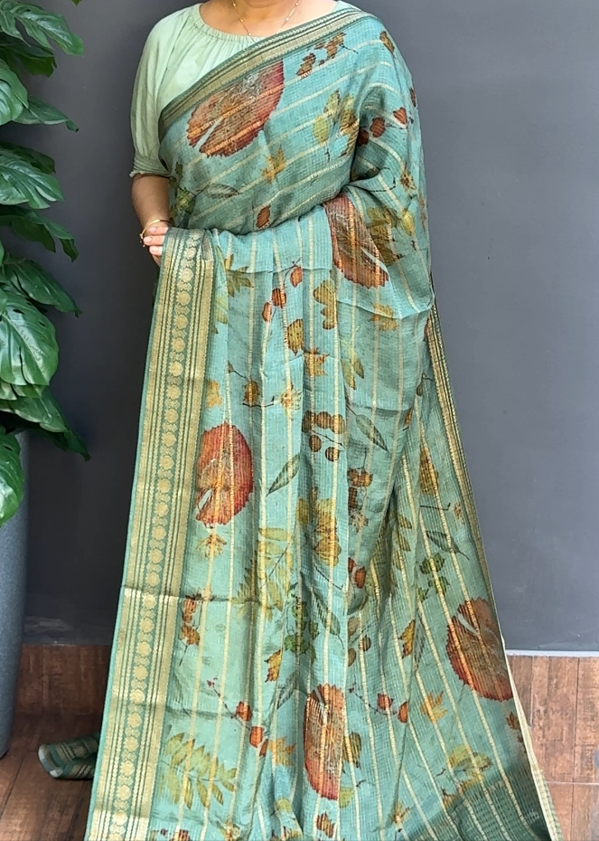 1667SR06 | Aqua Green Crushed Banarasi Semi Silk Saree W/ Full Body Golden Zari Check Weave Pattern-Floral Design W/Banarasi Border & Pallu