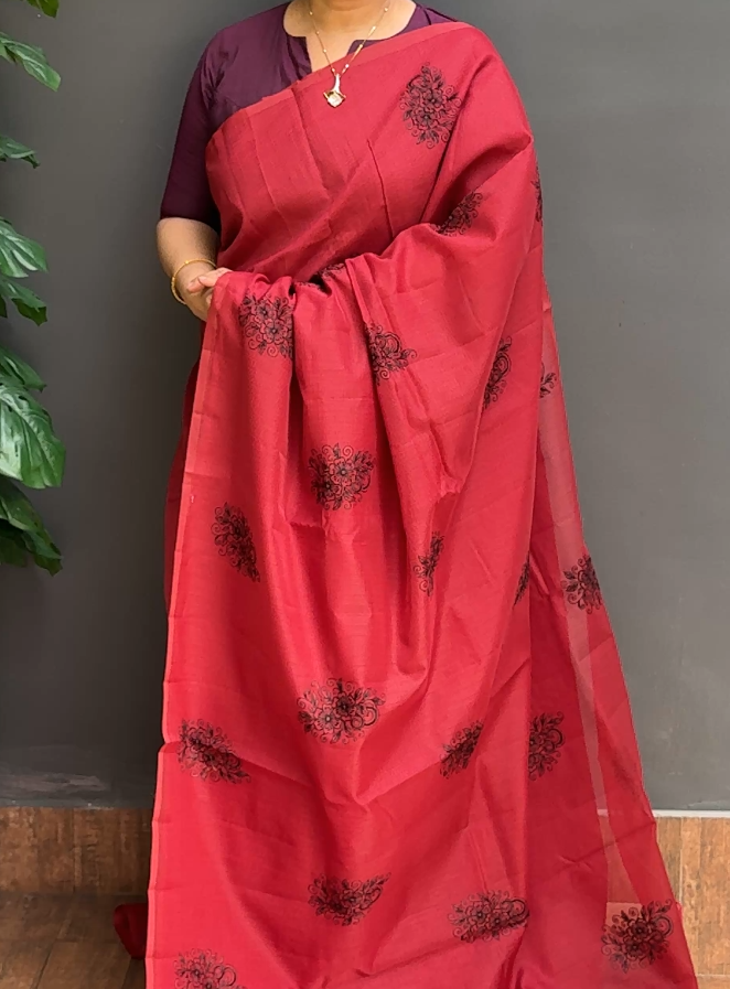 1754SR06 | Red Supernet Cotta Saree W/ Full Body Floral Embroidery Work W/ Pallu