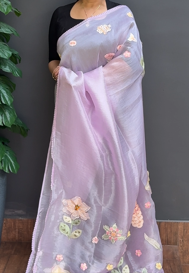 1755SR07 | Lailac Blended Lavender Glass Organza Saree W/ Full Body Floral Applique Work W/ Crochet Lace Border & Pallu