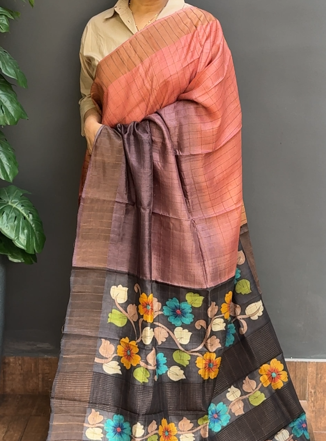 1743SR07 | Triple Color Soft Pure Desi Tussar Silk Saree W/ Full Body Golden Zari Check Pattern W/ Border & Kalamkari Pallu