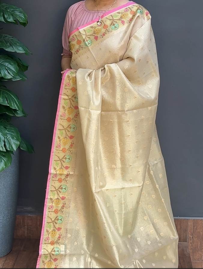 1344SR08 | Golden Beige Soft Silky Cotta Saree W/ Full Body Banarasi Woven Butti Work W/Jamdhani Woven Border & Pallu