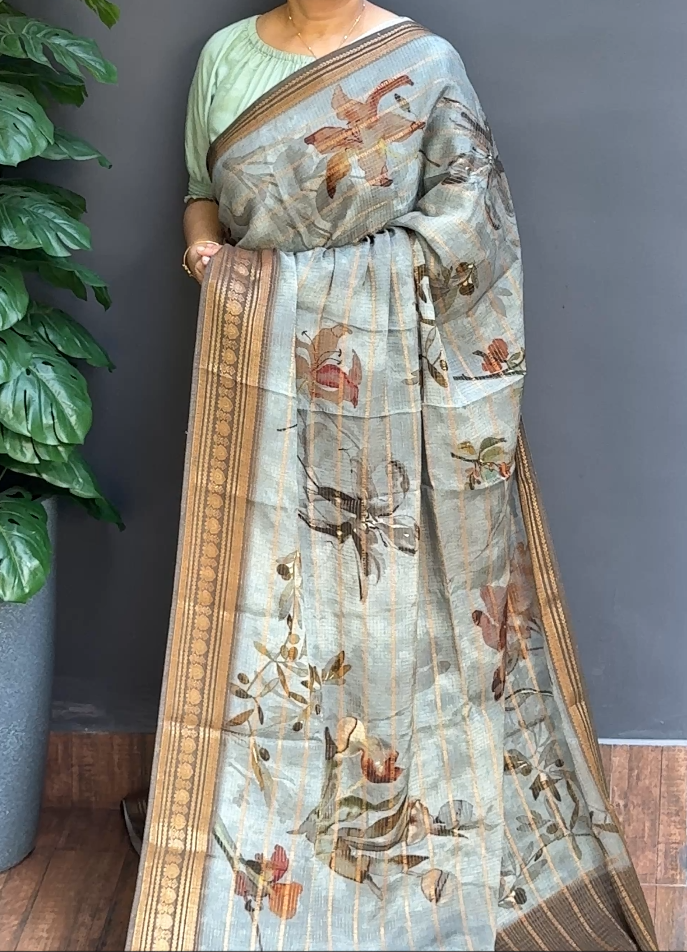 1667SR08 | Grey Blended Blue Crushed Banarasi Semi Silk Saree W/ Full Body Golden Zari Check Weave Pattern-Floral Design W/Banarasi Border & Pallu