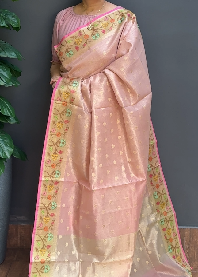 1344SR09 | Baby Pink Tinted Peach Soft Silky Cotta Saree W/ Full Body Banarasi Woven Butti Work W/Jamdhani Woven Border & Pallu