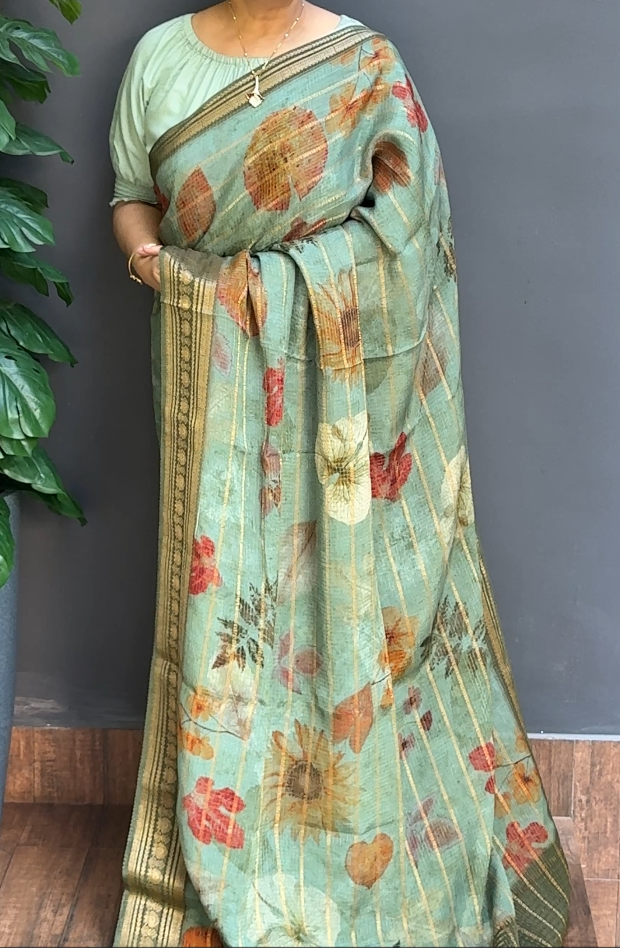 1667SR09 | Ocean Green Crushed Banarasi Semi Silk Saree W/ Full Body Golden Zari Check Weave Pattern-Floral Design W/Banarasi Border & Pallu