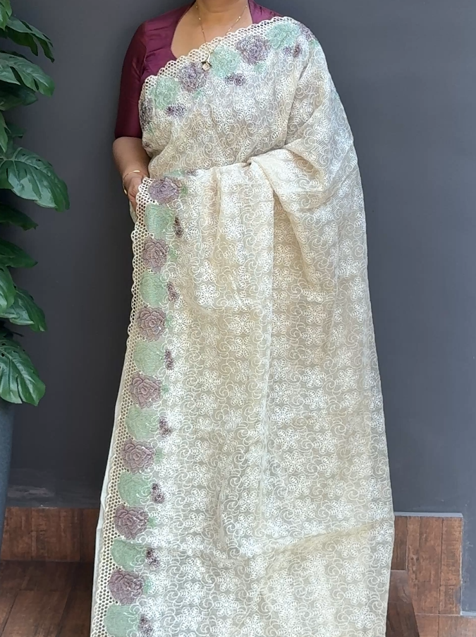 1719SR05-SPL | Pearl Cream Phulkari Tepchi Cotta Saree W/ Full Body Floral Thread Embroidery Work W/ Cutwork Border & Pallu