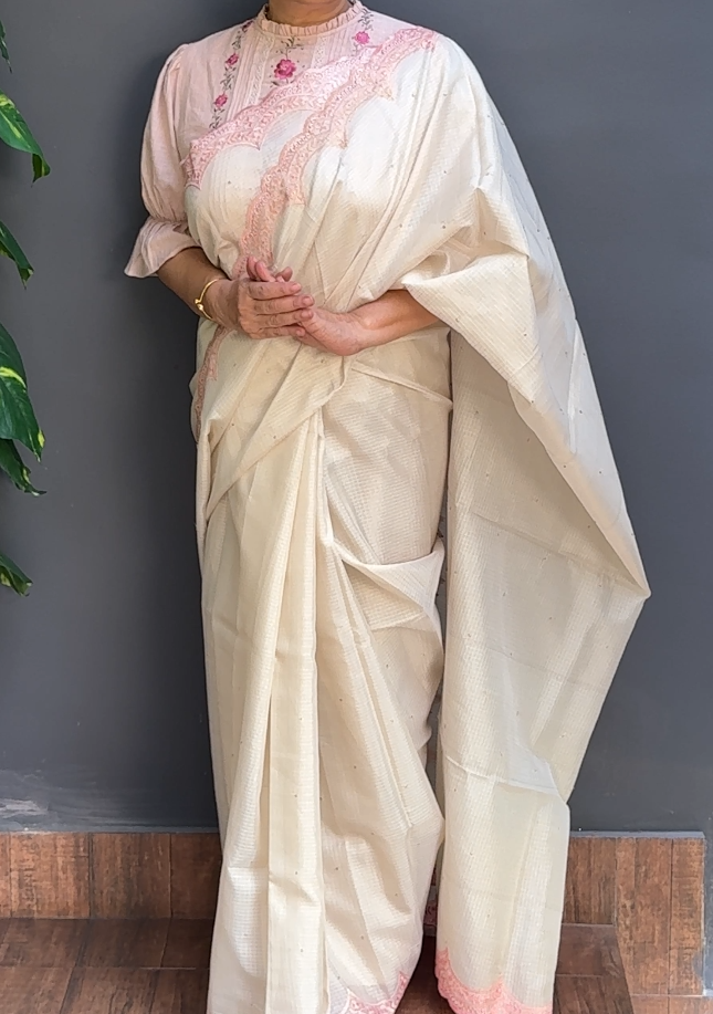 1799SR01 | Pearl Cream Soft Silky Cotta Saree W/Full Body Silver Zari Butti Work W/ Embroidered Border & Pallu