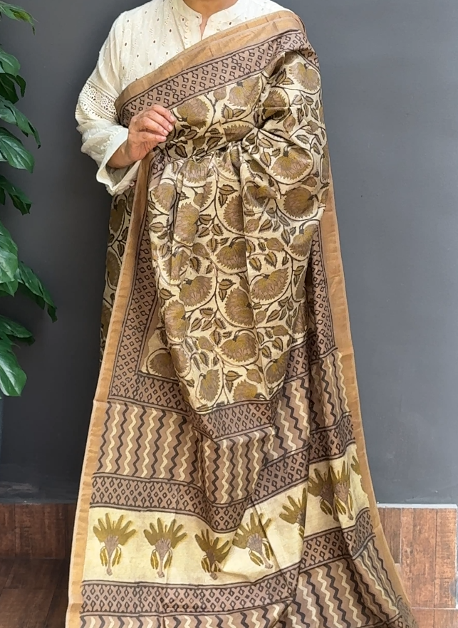 1769SR10 | Light Brown With Olive Green Soft Semi Tussar Saree W/ Full Body Paisely Design W/ Border & Pallu