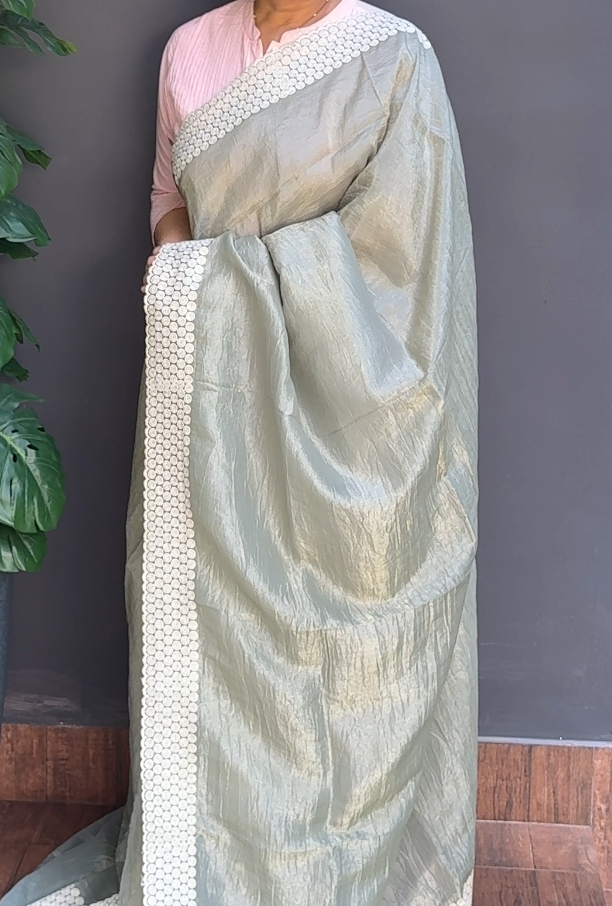 1782SR12 | Fern Green Soft Crushed Silk Saree W/Full Body Geometrical Thread Embroidery Work W/ Border & Pallu