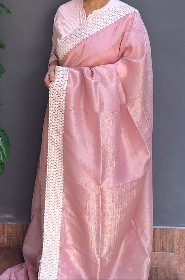 1782SR13 | Champagne Pink Blended Rose Gold Soft Crushed Silk Saree W/Full Body Geometrical Thread Embroidery Work W/ Border & Pallu