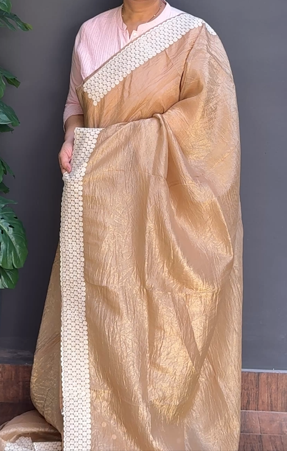 1782SR14 | Metalic Brown Soft Crushed Silk Saree W/Full Body Geometrical Thread Embroidery Work W/ Border & Pallu