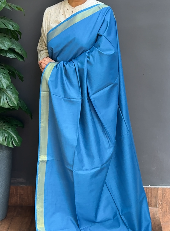 1770SR14 | Kingfisher Blue Soft Semi Tussar Silk Saree W/ Zari Woven Border & Pallu