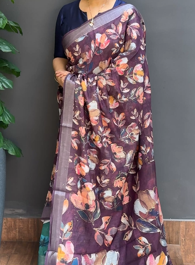 1763SR02 | Jamun Shade Soft Semi Linen Saree W/ Full Body Multicolor Foil Printed Floral Design W/ Border & Pallu
