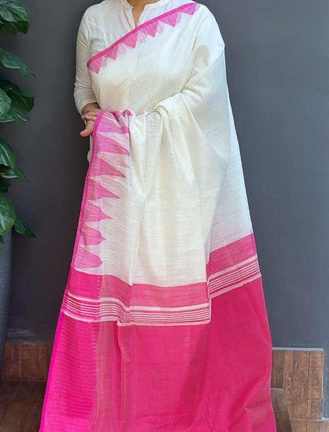 1773SR02 | Off-White With Fuchsia Pink Soft Semi Chanderi Saree W/ Temple Pattern Border & Pallu