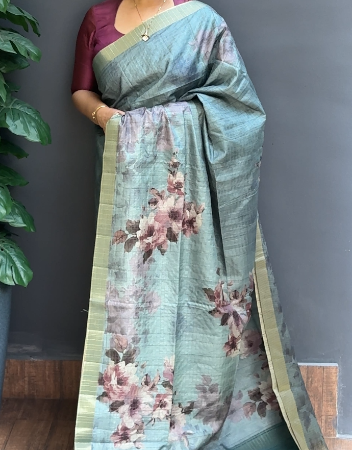1771SR02 | Sage Green Soft Semi Tussar Silk Saree W/ Full Body Multicolor Floral Design W/ Border & Pallu
