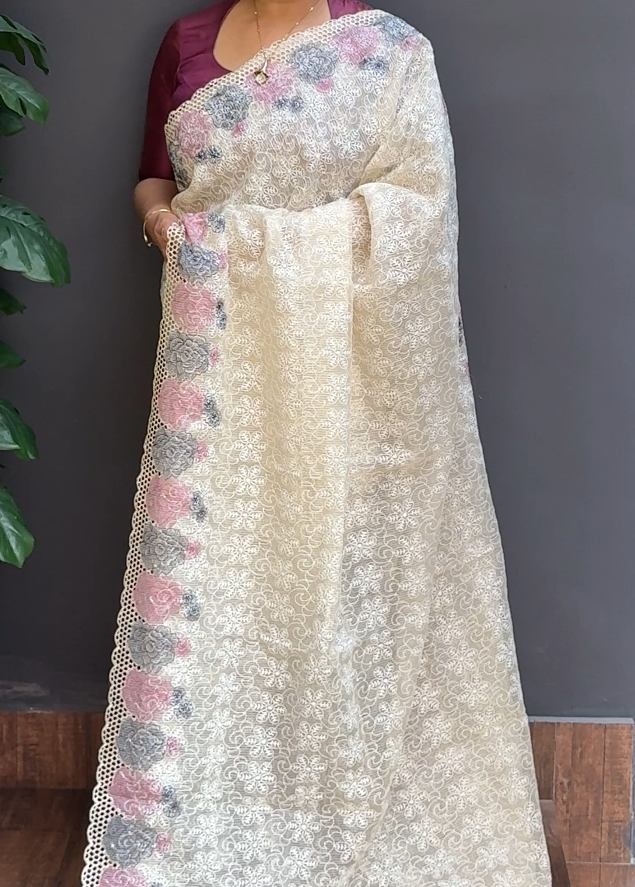 1719SR06-SPL | Pearl Cream Phulkari Tepchi Cotta Saree W/ Full Body Floral Thread Embroidery Work W/ Cutwork Border & Pallu