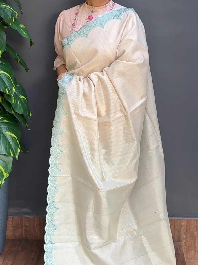 1799SR02 | Pearl Cream Soft Silky Cotta Saree W/Full Body Silver Zari Butti Work W/ Embroidered Border & Pallu