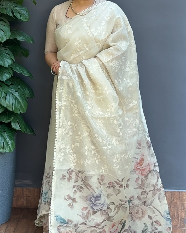 1775SR02 | Pearl Cream Supernet Cotta Saree W/ Full Body Thread Embroidery Work-Floral Digital Print W/ Crochet Lace Border & Pallu