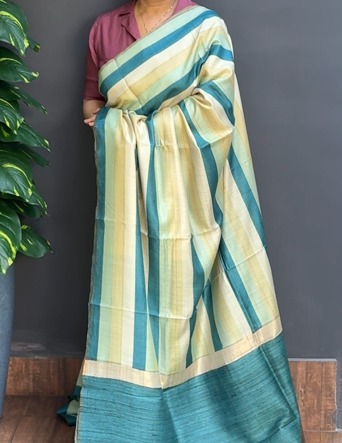 1800SR02 | Multicolor Pure Desi Tussar Silk Saree W/ Full Body Horizontal Stripe Design W/ Geecha Woven Pallu