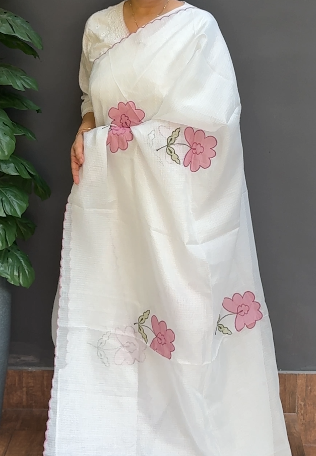 1758SR02 | White Soft Silky Cotta Saree W/ Full Body Floral Applique Work W/ Scallop Border & Pallu