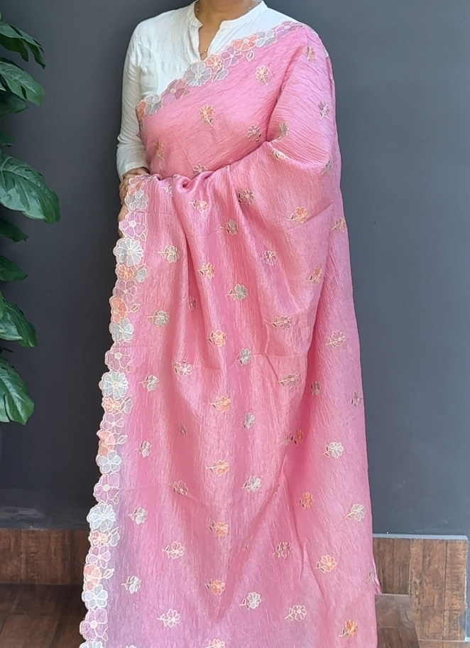 1768SR02 | Pastel Baby Pink Soft Crushed Organza Saree W/ Full Body Multicolor Floral Embroidery Work W/ Border & Pallu