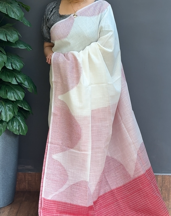 1786SR03 | Pearl Cream Soft Linen Chanderi Saree W/ Full Body Thread Woven Border & Pallu