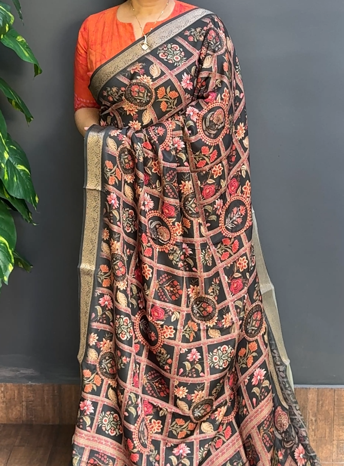1798SR03 | Black Soft Semi Silk Saree W/ Full Body Floral Design Checkered Pattern W/ Border & Pallu