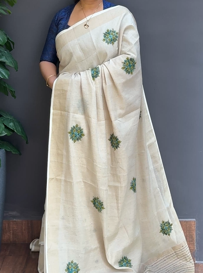 1787SR04 | Pearl Cream Linen Blended Cotton Saree W/ Full Body Multicolor Floral Handwork Motifs W/ Border & Pallu