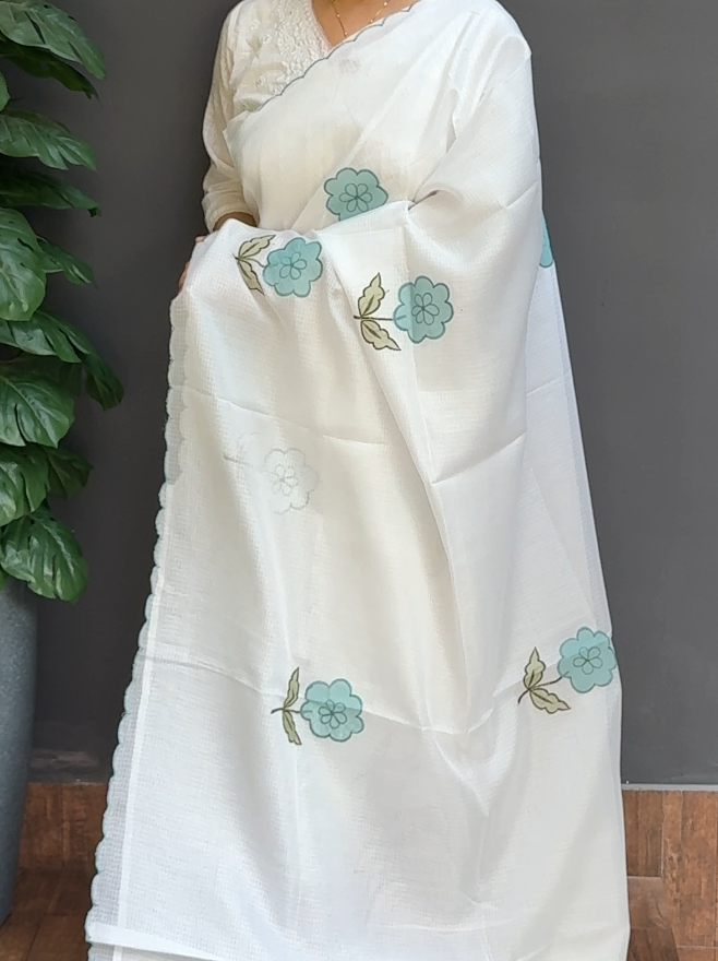 1758SR04 | White Soft Silky Cotta Saree W/ Full Body Floral Applique Work W/ Scallop Border & Pallu