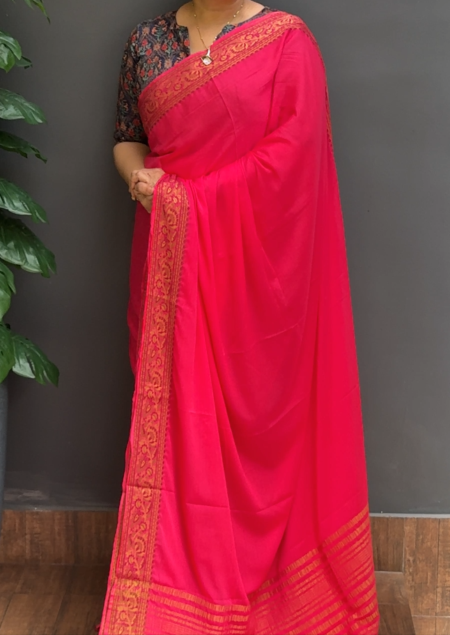1778SR04 | Hot Pink Soft Semi Crepe Silk Saree W/ Multicolor Thread Woven Border & Pallu