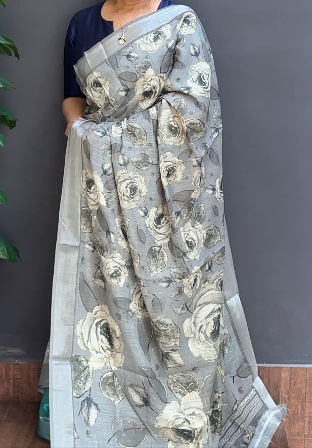 1763SR05 | Green Tinted Grey Soft Semi Linen Saree W/ Full Body Multicolor Foil Printed Floral Design W/ Border & Pallu