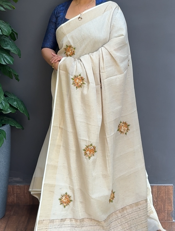 1787SR05 | Pearl Cream Linen Blended Cotton Saree W/ Full Body Multicolor Floral Handwork Motifs W/ Border & Pallu