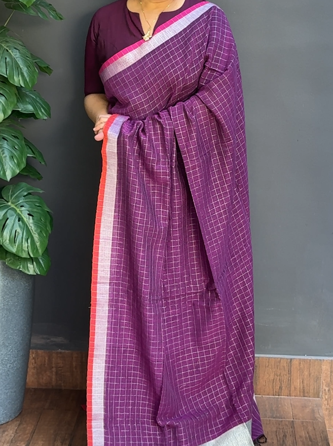 1784SR05 | Persian Rose Soft Pure Linen Saree W/ Full Body Checkered Pattern W/ Border & Pallu