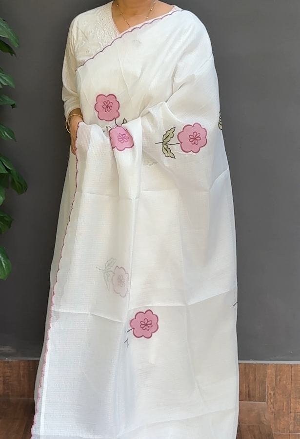 1758SR06 | White Soft Silky Cotta Saree W/ Full Body Floral Applique Work W/ Scallop Border & Pallu
