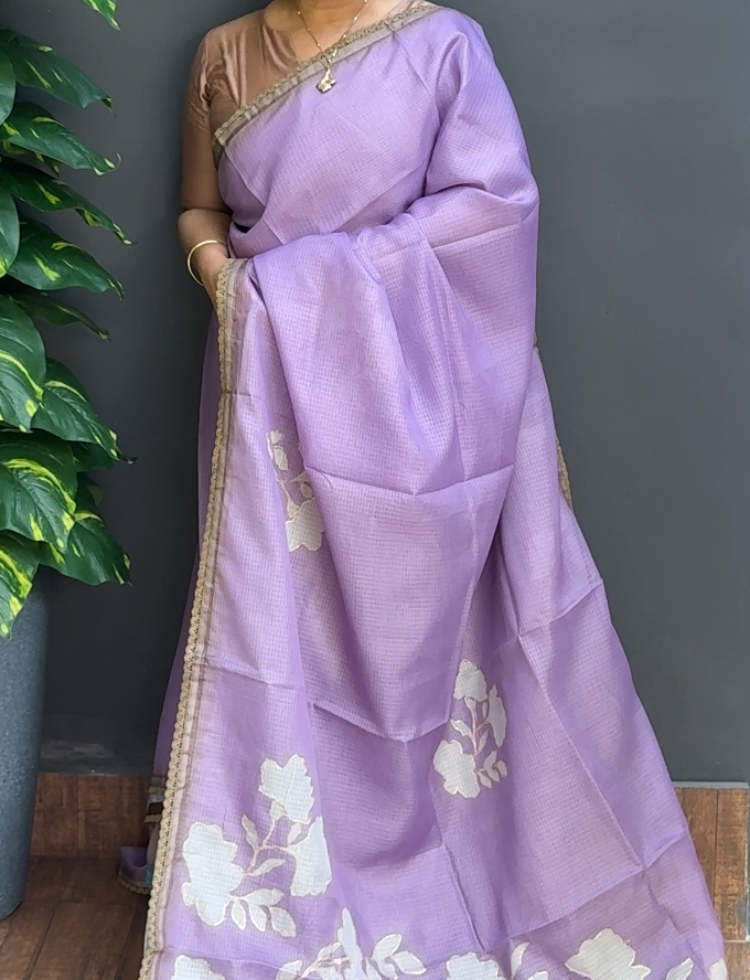 1795SR07 | Lavender Silky Cotta Saree W/ Full Body Floral Design-Chain Stitch Work W/ Crochet Lace Border & Pallu