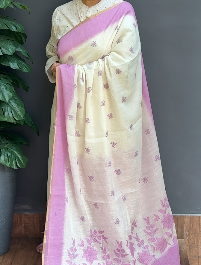 1770SR07 | Pearl Cream With Lavender-Purple Mul-Chanderi Saree W/ Full Body Applique Work W/ Border & Pallu