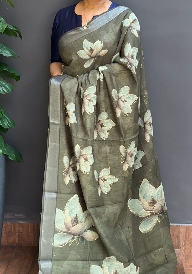 1763SR08 | Dark Bottle Green Soft Semi Linen Saree W/ Full Body Multicolor Foil Printed Floral Design W/ Border & Pallu