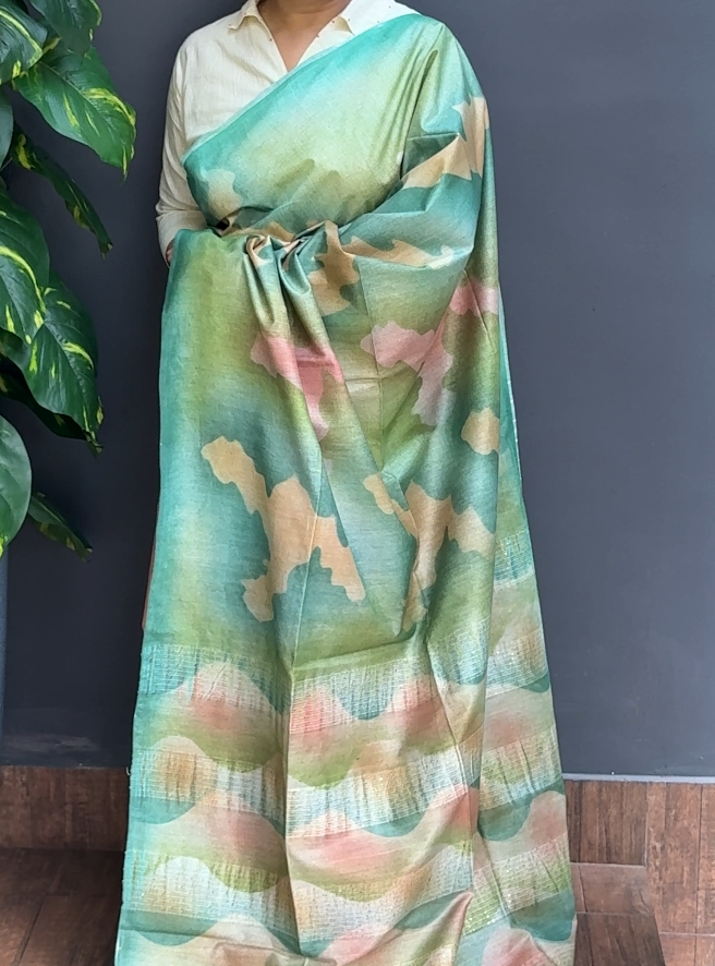 1804SR08 | Multicolor Soft Semi Tussar Silk Saree W/ Full Body Abstract Design W/ Border & Sequins Work Pallu