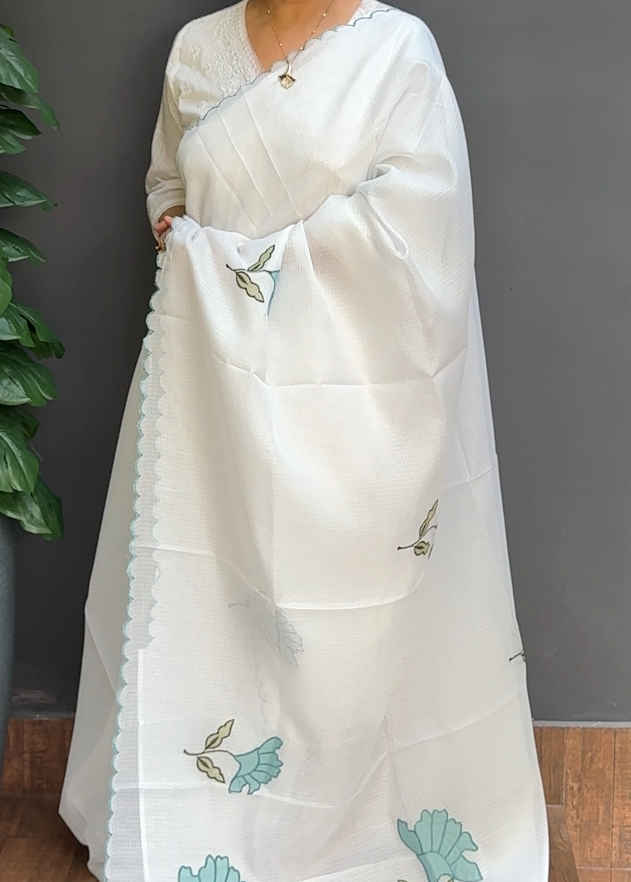 1758SR08 | White Soft Silky Cotta Saree W/ Full Body Floral Applique Work W/ Scallop Border & Pallu