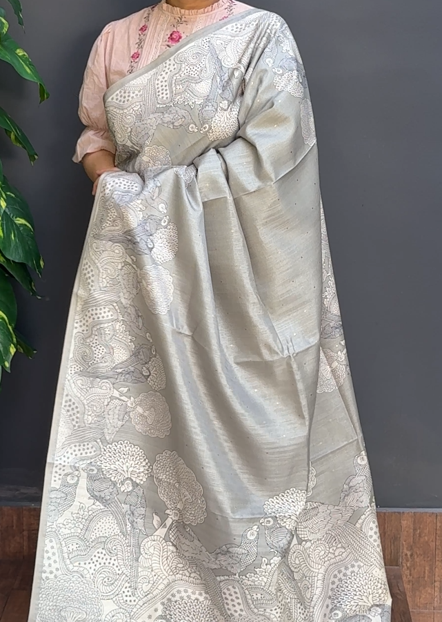 1799SR09 | Steel Grey Soft Semi Silk Saree W/Full Body Copper Zari Butti Work W/ Border & Pallu