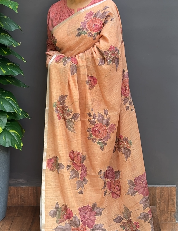 1840SR01 | Pastel Peach Semi Linen Saree W/ Full Body Multicolor Floral Digital Print-Kantha Work