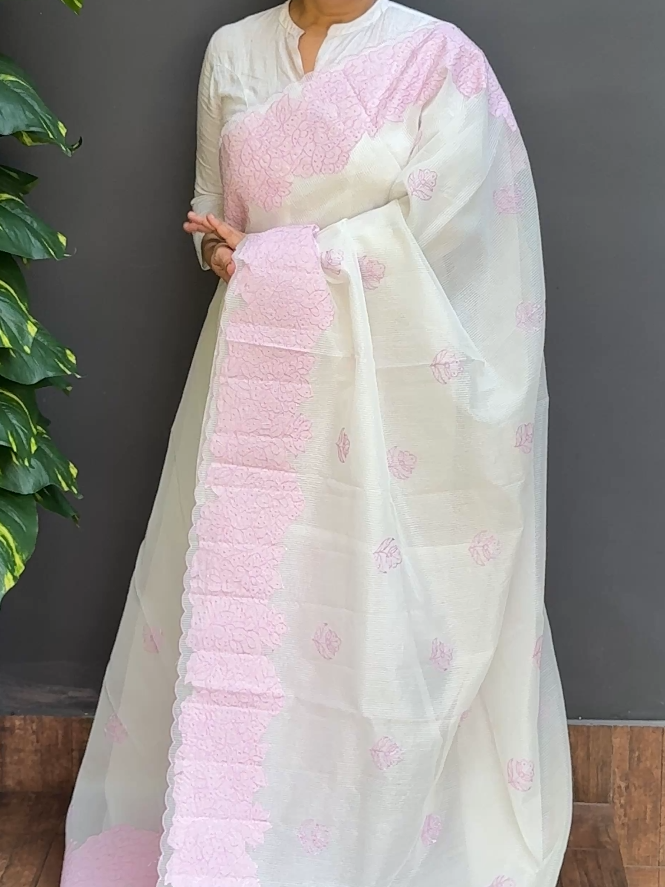 1853SR01 | White Supernet Cotta Saree W/ Full Body Floral Embroidery Motifs-Applique Work Border & Pallu