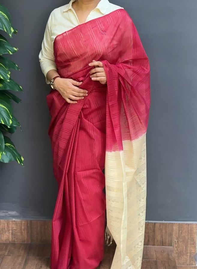 1856SR01 | Dragon Fruit Color Soft Semi Tussar Silk Saree W/ Full Body Stripe Pattern W/ Contrast Pallu