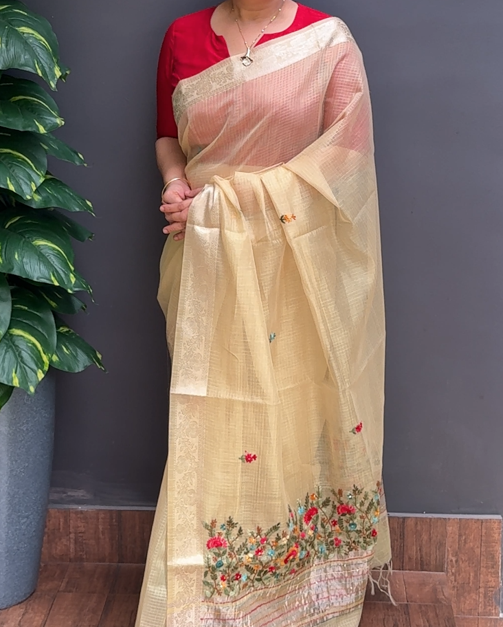 1817SR01 | Pastel Yellow Tissue Blended Silky Cotta Saree W/ Full Body Multicolor Floral Handwork Motifs W/ Border & Pallu