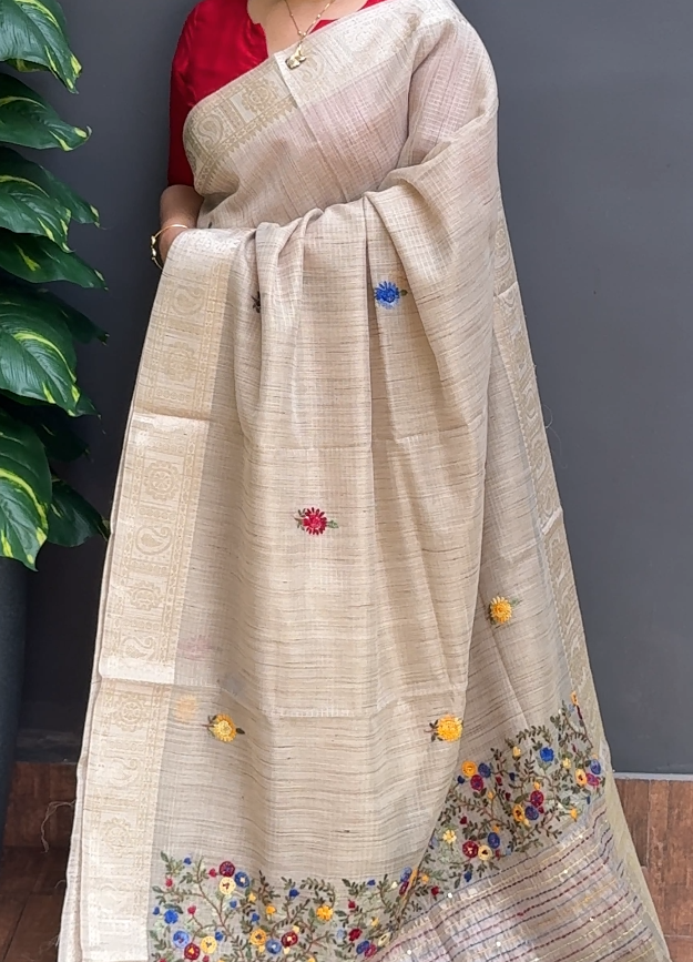 1817SR10 | Beige Blended Ivory Tissue Blended Silky Cotta Saree W/ Full Body Multicolor Floral Handwork Motifs W/ Border & Pallu