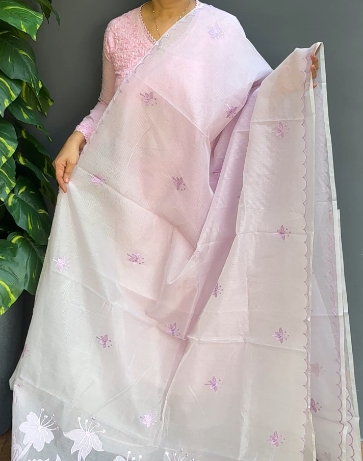 1844SR10 | Lailac Blended Lavender Supernet Cotta Saree W/ Full Body Floral Applique Embroidery Work W/ Scallop Border & Pallu